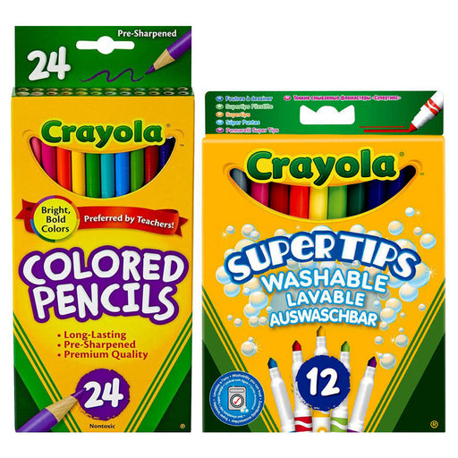 Crayola Bundles 24-Pencils and 12-Markers Packs with yellow and green card packaging