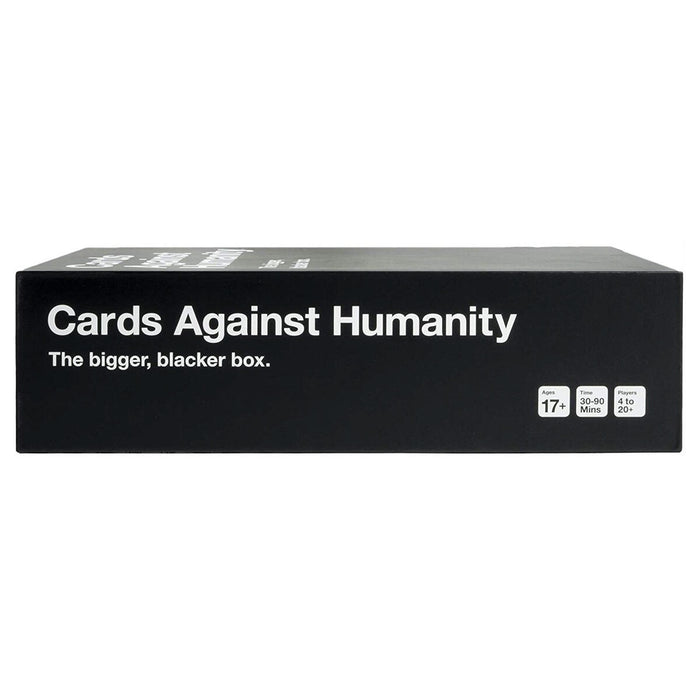 Side of black box with white text for Cards Against Humanity