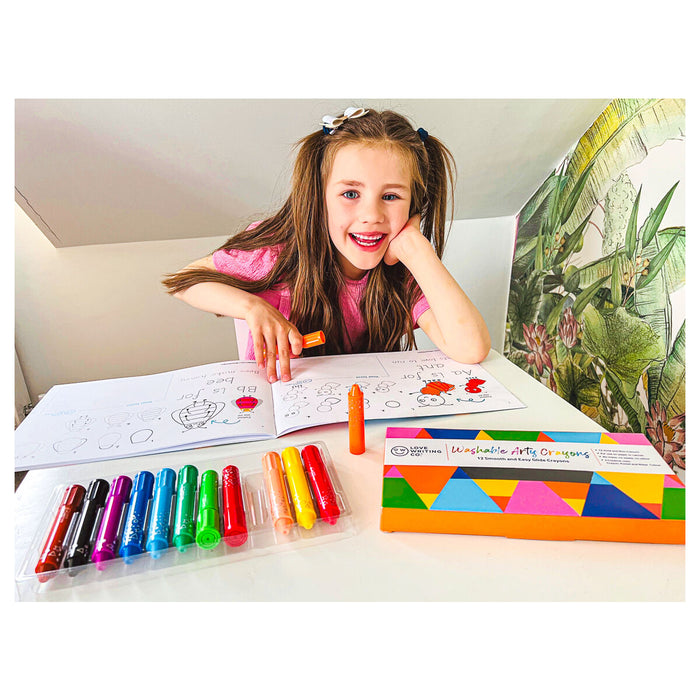 Love Writing Co. 12 Washable Arty Crayons with 3-in-1 Creative Styles
