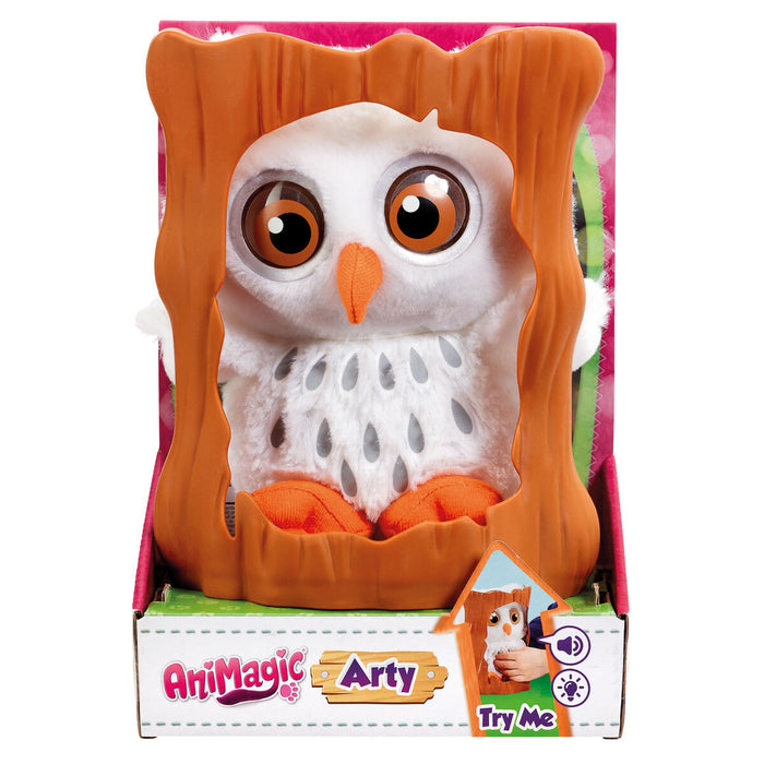 Animagic owl toy with tree in cardboard packaging box 
