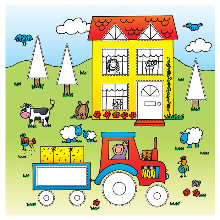 Sticker book page with house, tractor and green field, for children to add stickers to 
